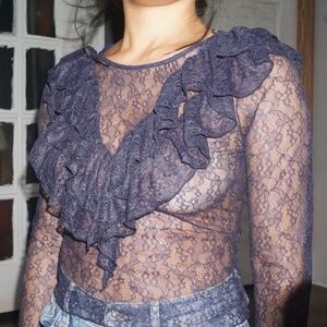 Vintage Navy Blue Floral Lace Ruffled Long Sleeve Blouse